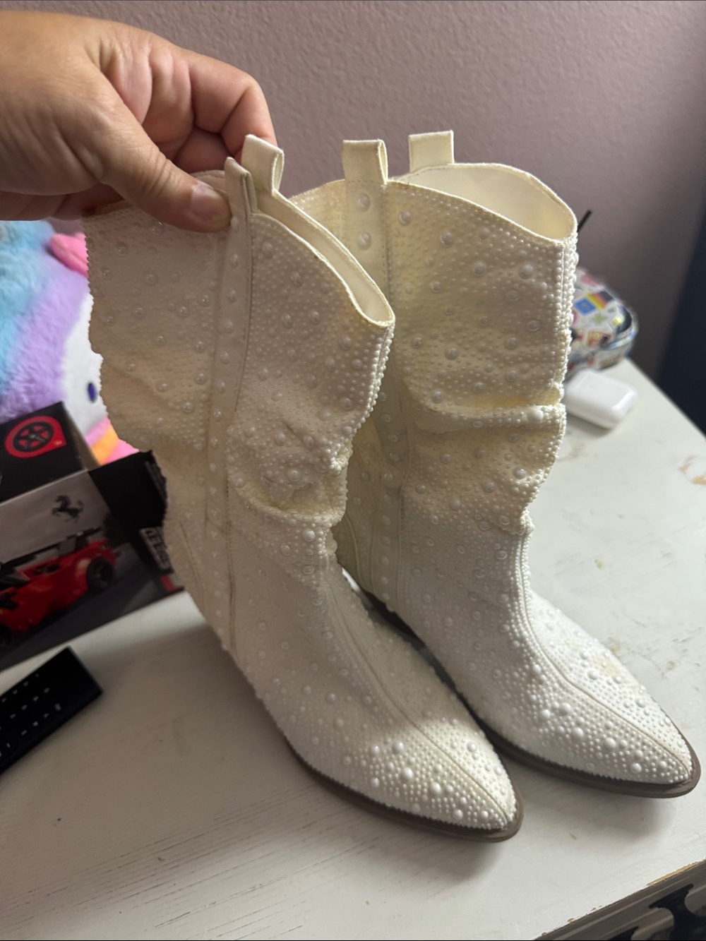 Women's Ivory Embellished Mid-Calf Boots